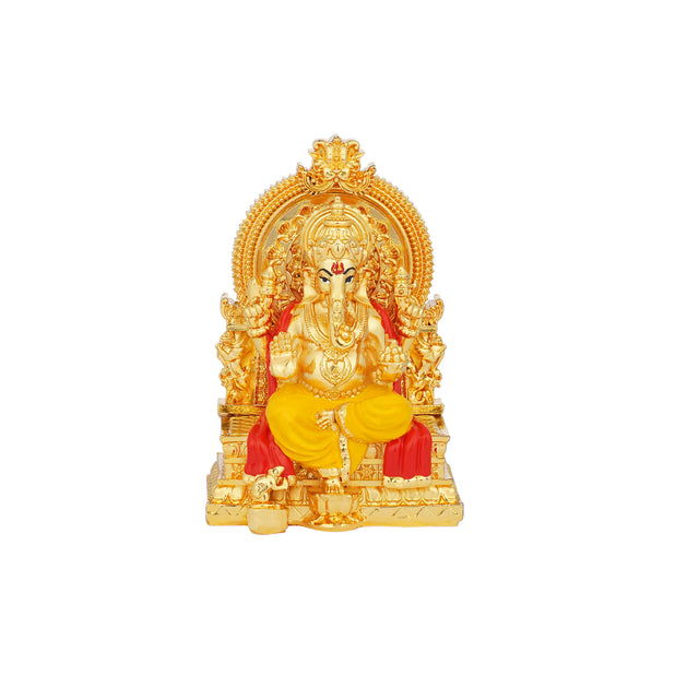 Divine Lord Ganesha Idol - 24K Gold Plated with Yellow & Red Attire