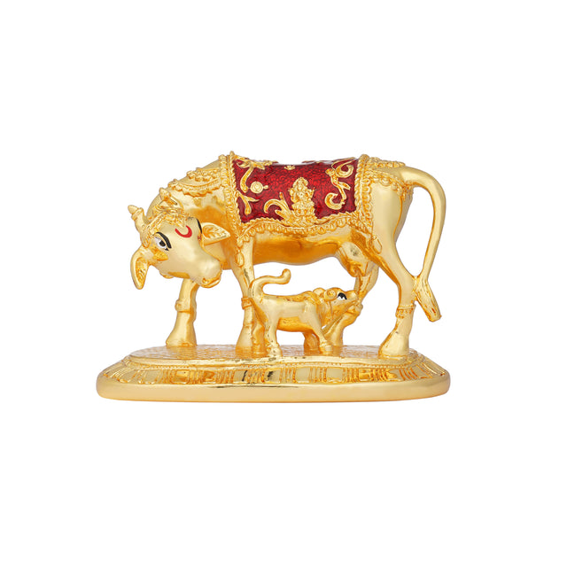 Kamdhenu Cow and Calf Sculpture - 24K Gold Plated with Red Accents (3.5 Inch)
