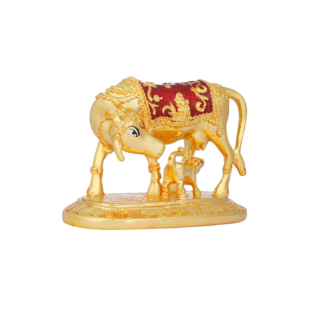 Kamdhenu Cow and Calf Sculpture - 24K Gold Plated with Red Accents (3.5 Inch)