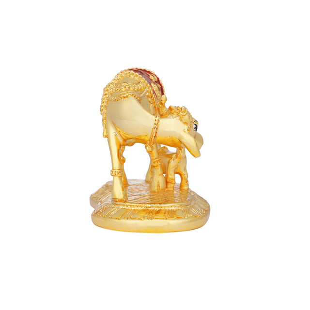 Kamdhenu Cow and Calf Sculpture - 24K Gold Plated with Red Accents (3.5 Inch)