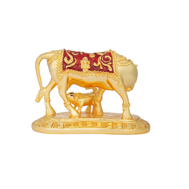 Kamdhenu Cow and Calf Sculpture - 24K Gold Plated with Red Accents (3.5 Inch)