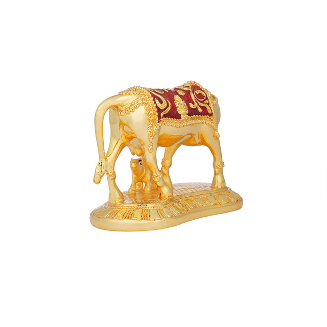 Kamdhenu Cow and Calf Sculpture - 24K Gold Plated with Red Accents (3.5 Inch)