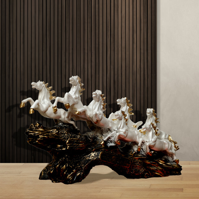 Eight White and Gold Running Horses Sculpture