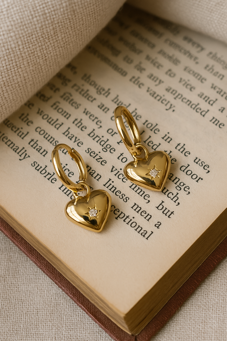 Gold Heart Drop Earrings with Crystal Accent