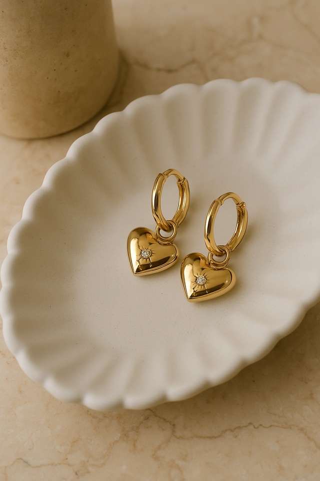 Gold Heart Drop Earrings with Crystal Accent