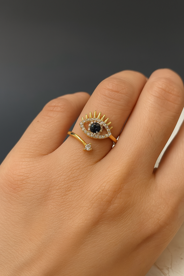 Gold-Plated Eye Motif Ring with Crystal Accents
