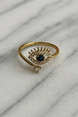 Gold-Plated Eye Motif Ring with Crystal Accents