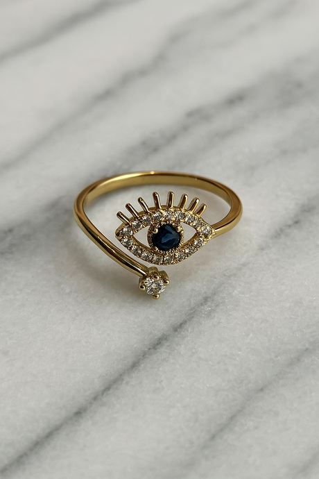 Gold-Plated Eye Motif Ring with Crystal Accents