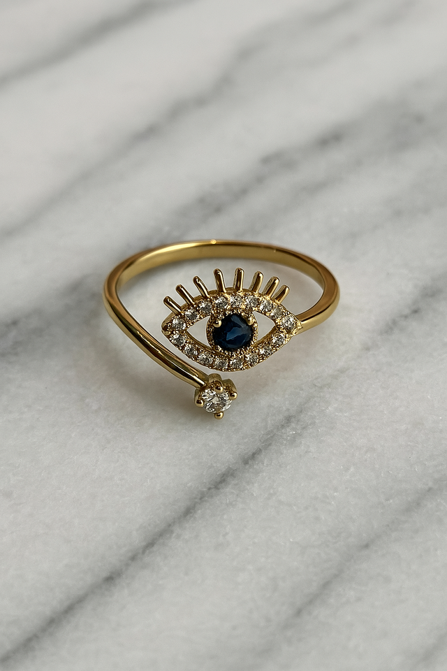 Gold-Plated Eye Motif Ring with Crystal Accents