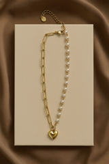 Gold & Pearl Asymmetrical Necklace with Heart Charm