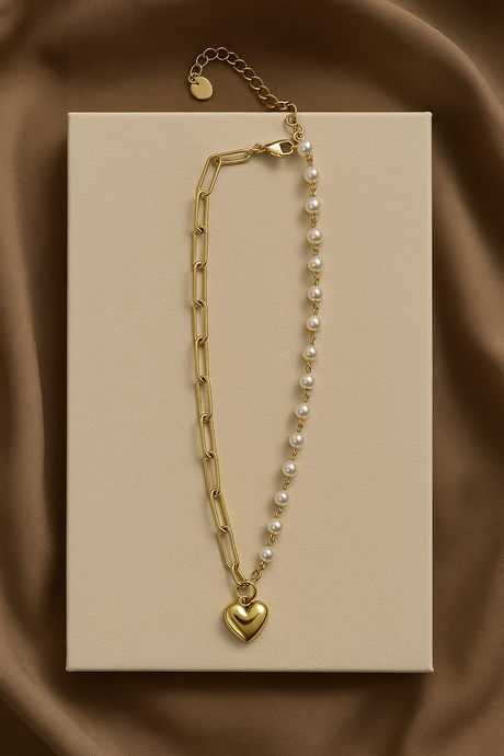 Gold & Pearl Asymmetrical Necklace with Heart Charm