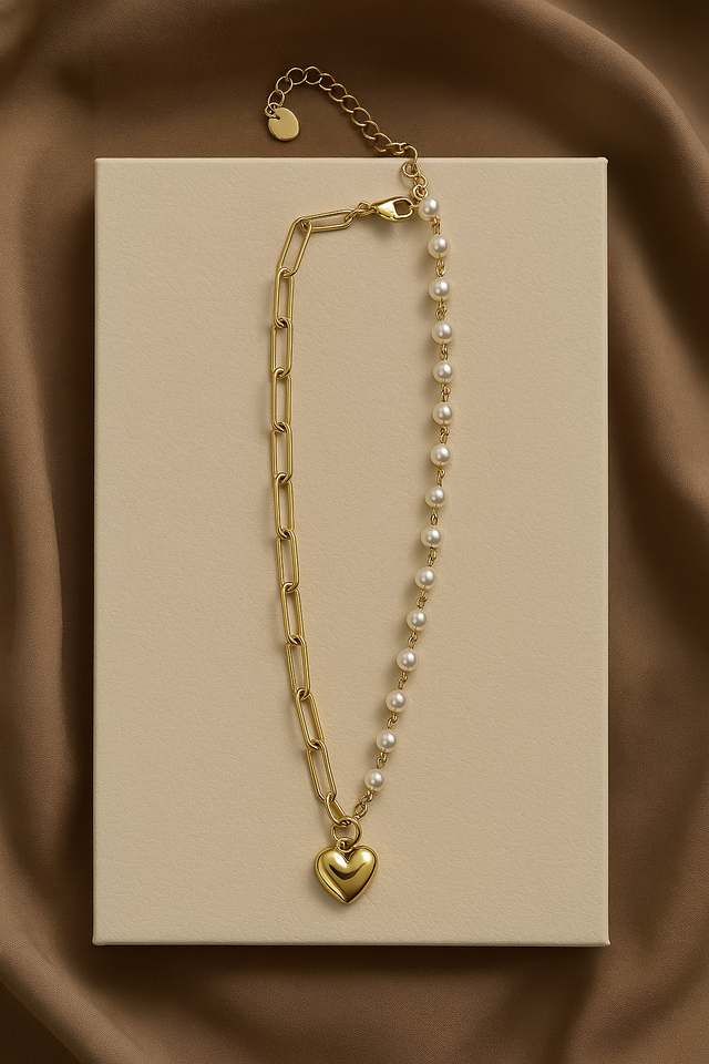 Gold & Pearl Asymmetrical Necklace with Heart Charm