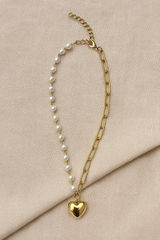 Gold & Pearl Asymmetrical Necklace with Heart Charm