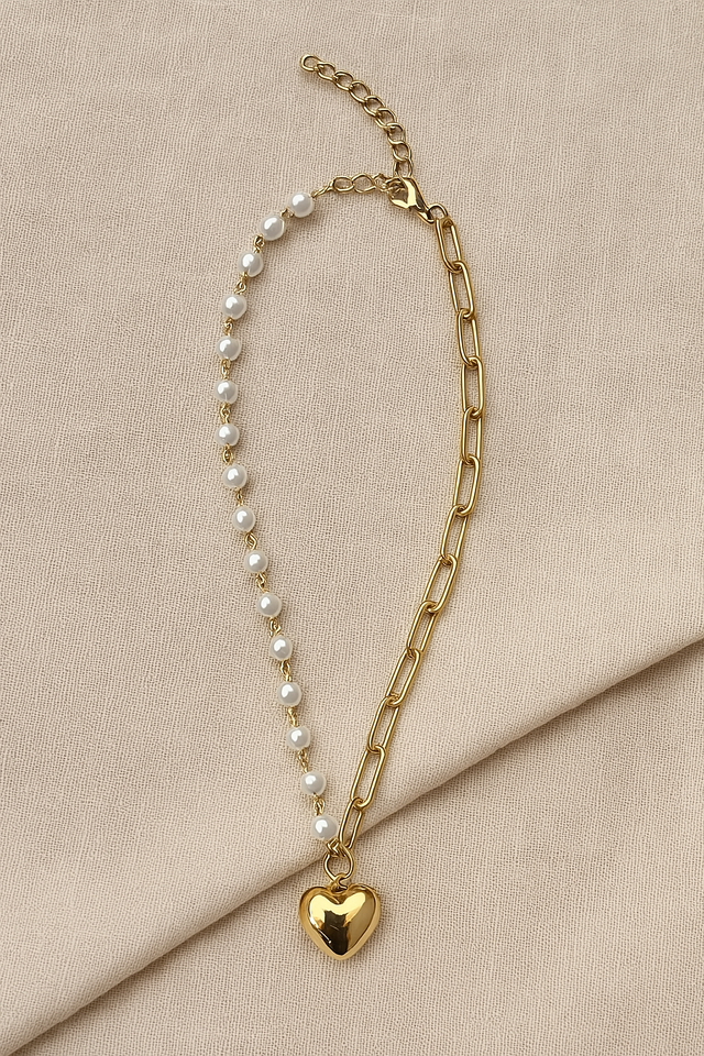 Gold & Pearl Asymmetrical Necklace with Heart Charm