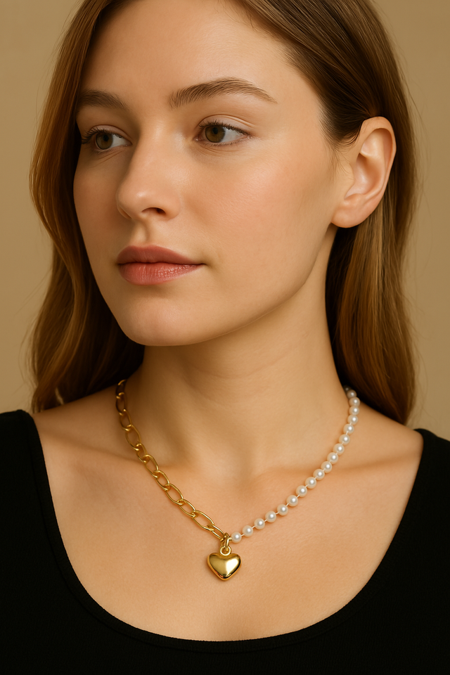 Gold & Pearl Asymmetrical Necklace with Heart Charm