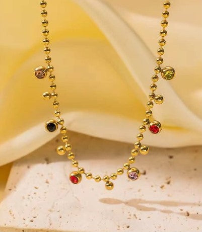Gold Beaded Necklace with Colorful Gem Charms
