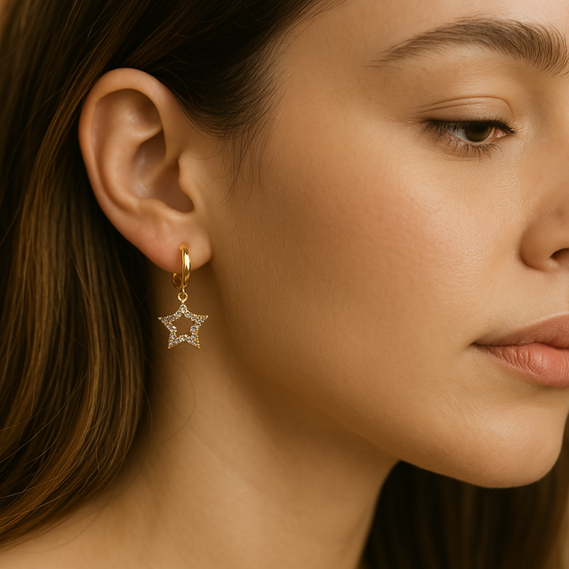Gold Hoop Earrings with Sparkling Star Pendant