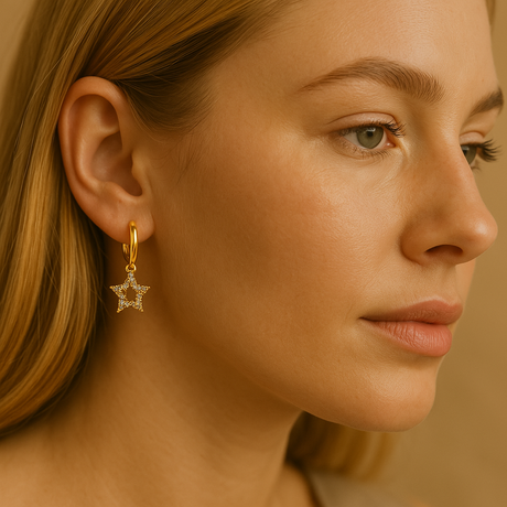 Gold Hoop Earrings with Sparkling Star Pendant