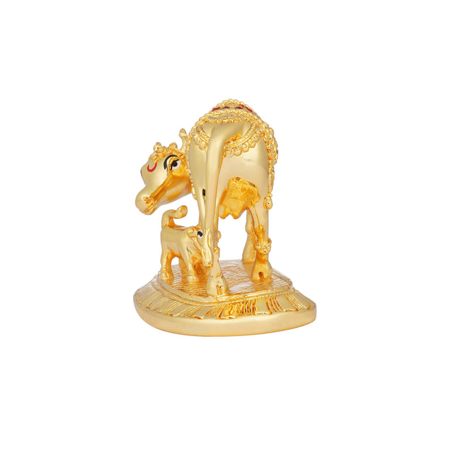 Kamdhenu Cow and Calf Sculpture - 24K Gold Plated with Red Accents (3.5 Inch)