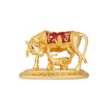 Kamdhenu Cow and Calf Sculpture - 24K Gold Plated with Red Accents (3.5 Inch)