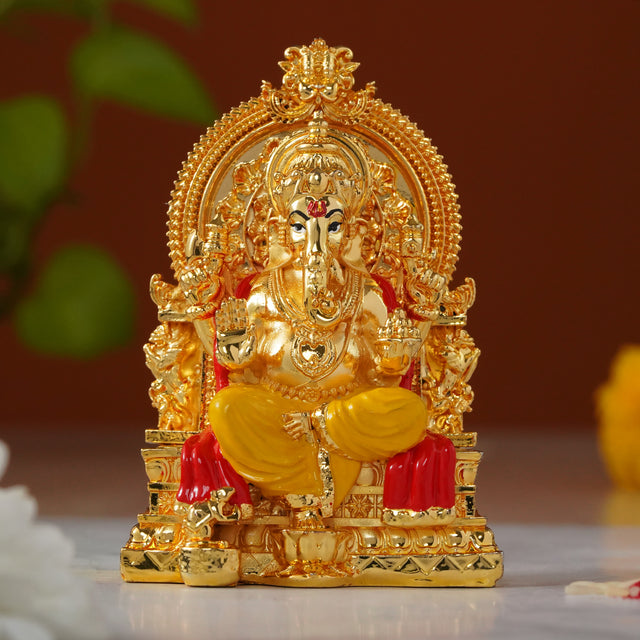 Divine Lord Ganesha Idol - 24K Gold Plated with Yellow & Red Attire