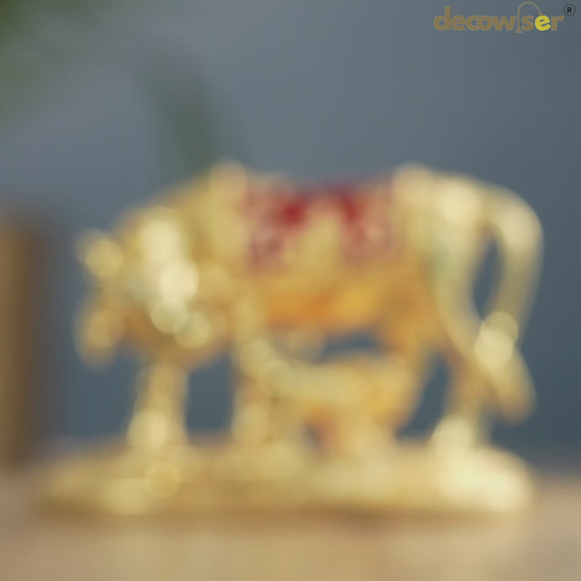 Kamdhenu Cow and Calf Sculpture - 24K Gold Plated with Red Accents (3.5 Inch)